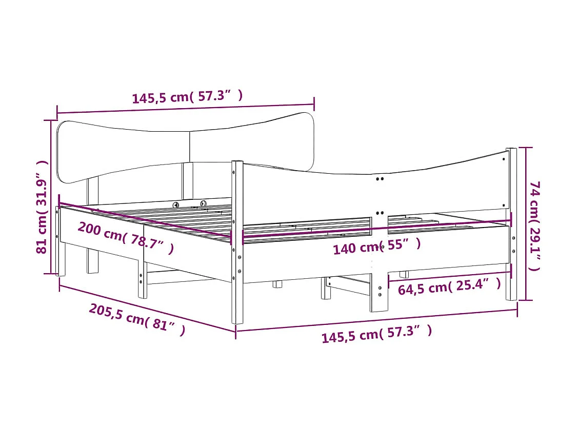 Cadre de lit et tête de lit marron 140x200 bois de pin