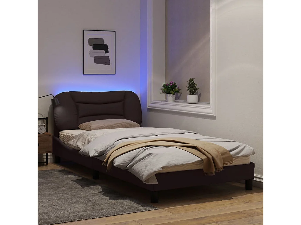 Cadre de lit avec lumières LED marron foncé 100x200 tissu