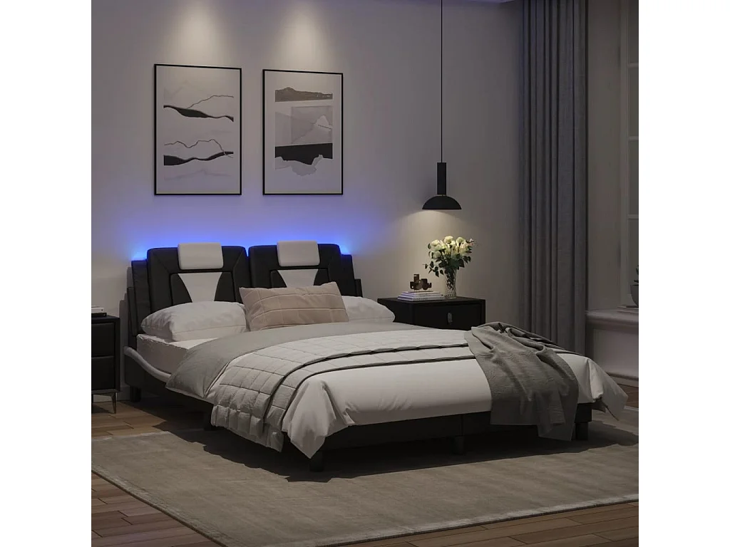 Cadre de lit avec lumières LED noir blanc 120x200 similicuir