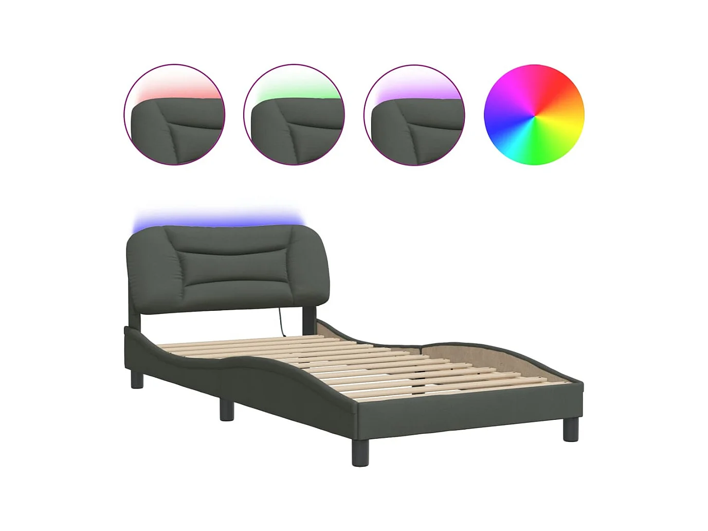 Cadre de lit avec lumières LED gris foncé 100x200 tissu
