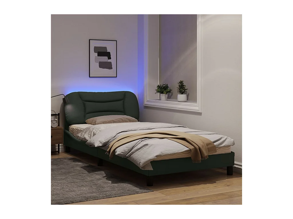 Cadre de lit avec lumières LED gris foncé 100x200 tissu