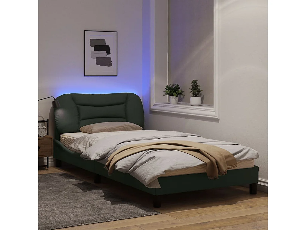 Cadre de lit avec lumières LED gris foncé 100x200 tissu