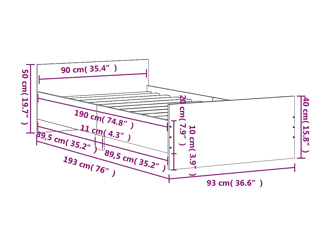 Cadre de lit chêne fumé 90x190 bois d'ingénierie