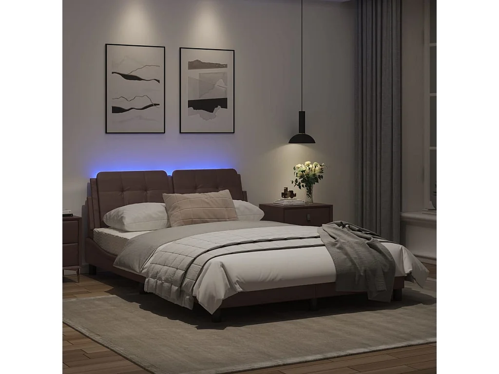 Cadre de lit avec lumières LED marron 140x200 similicuir