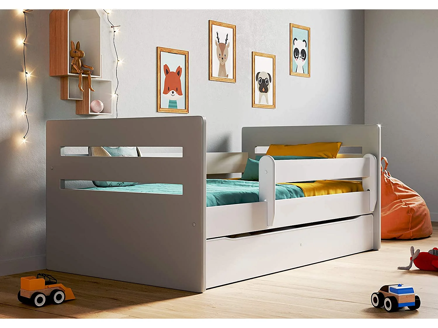 Lit enfant avec barrière de sécurité amovible blanc et gris Moly-80x180