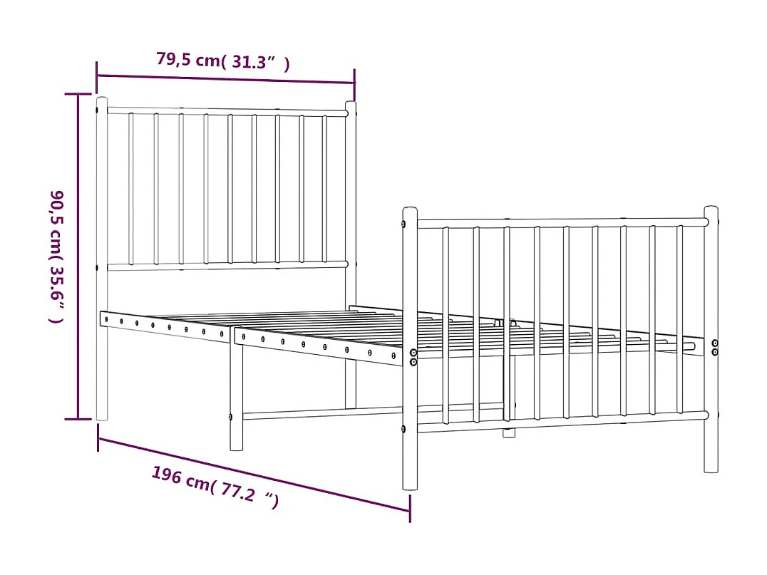 Cadre de lit métal avec tête de lit-pied de lit noir 75x190