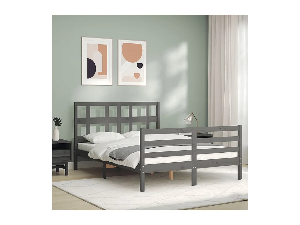 Cadre de lit avec tête de lit gris 140x190 bois massif