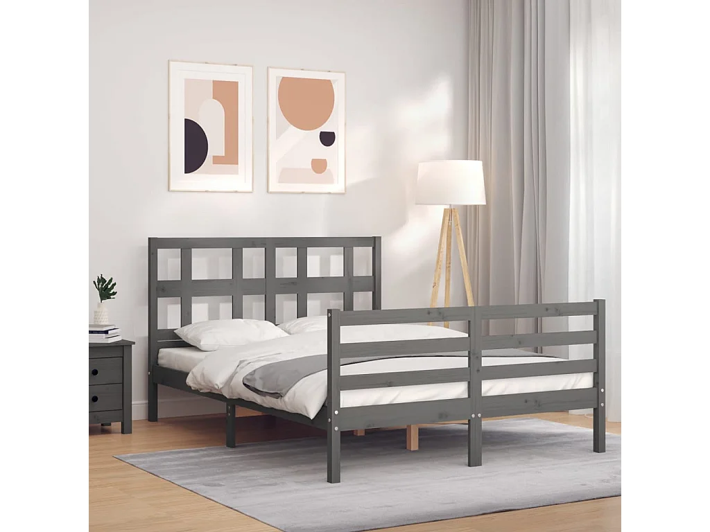 Cadre de lit avec tête de lit gris 140x190 bois massif