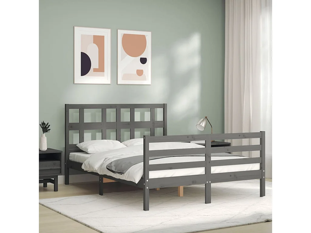Cadre de lit avec tête de lit gris 140x190 bois massif