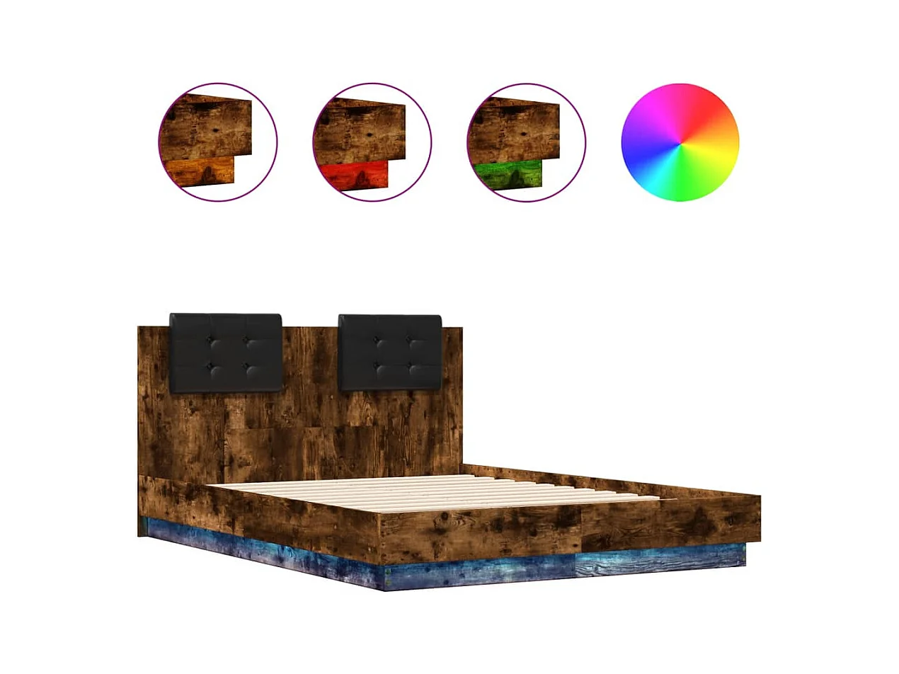 Bedframe met hoofdbord en LED gerookt eikenkleur 140x190 cm