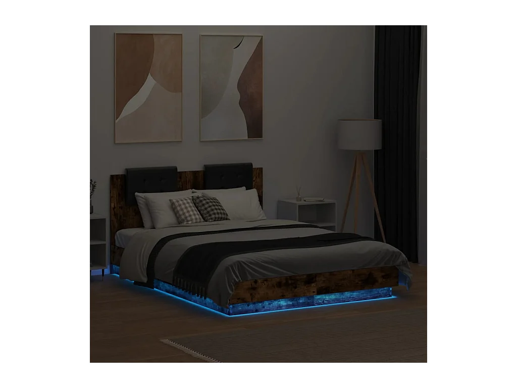 Bedframe met hoofdbord en LED gerookt eikenkleur 140x190 cm