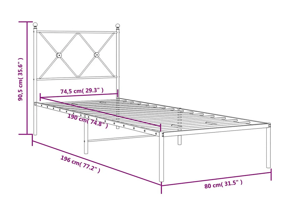 Cadre de lit métal avec tête de lit noir 75x190