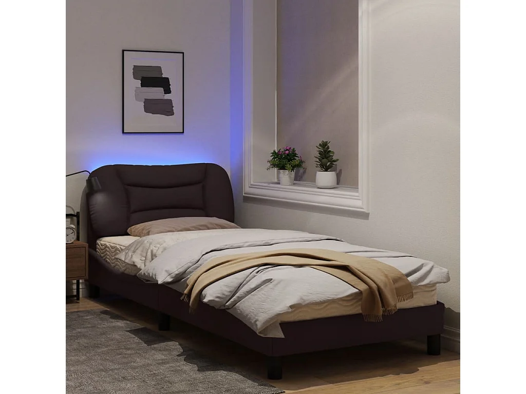 Cadre de lit avec lumières LED marron foncé 90x200 tissu