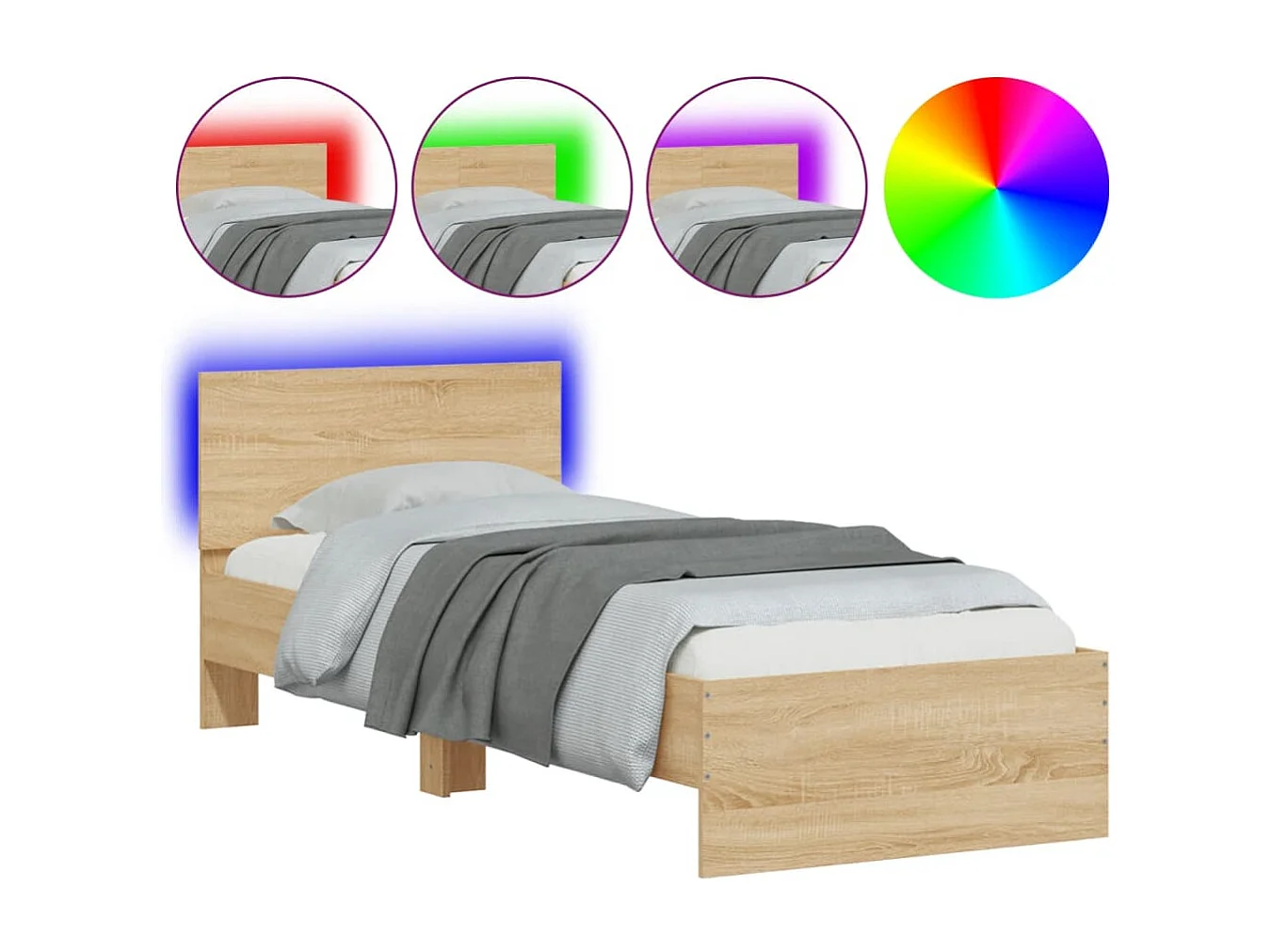 Cadre de lit tête de lit et lumières LED chêne sonoma 75x190
