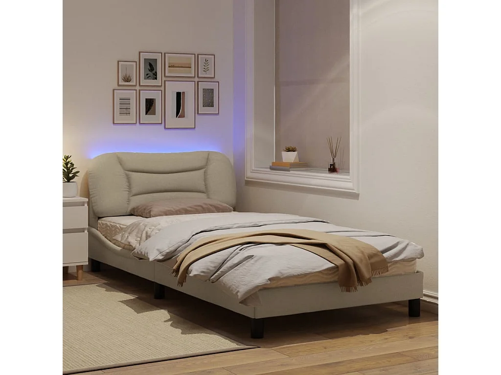 Cadre de lit avec lumières LED crème 100x200 tissu
