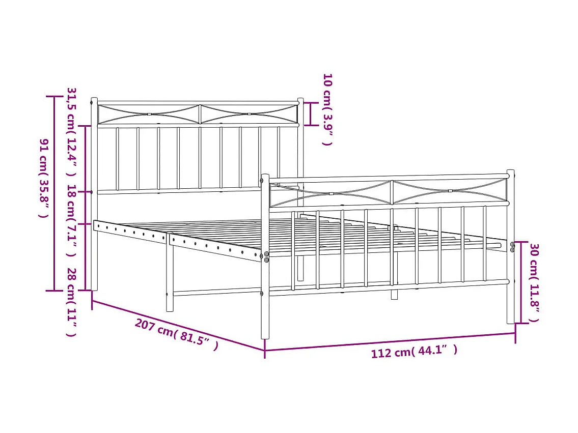 Cadre de lit métal avec tête de lit-pied de lit blanc 107x203