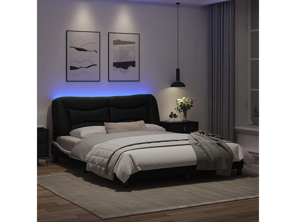 Cadre de lit avec lumières LED noir blanc 160x200 similicuir