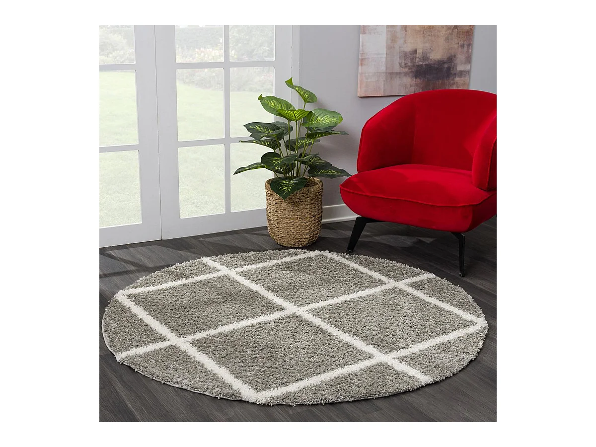 Tapis longs poils shaggy Ø200cm rond tissé gris motif scandinave SG MADRAG