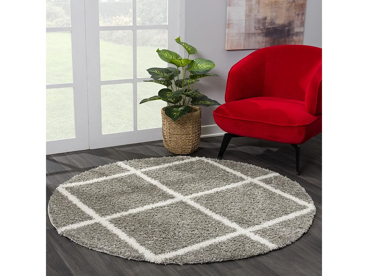 Tapis longs poils shaggy Ø200cm rond tissé gris motif scandinave SG MADRAG
