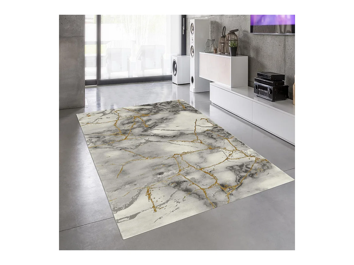 tapis chambre 80x150 tissé gris et or rectangle motif abstrait MARBAL