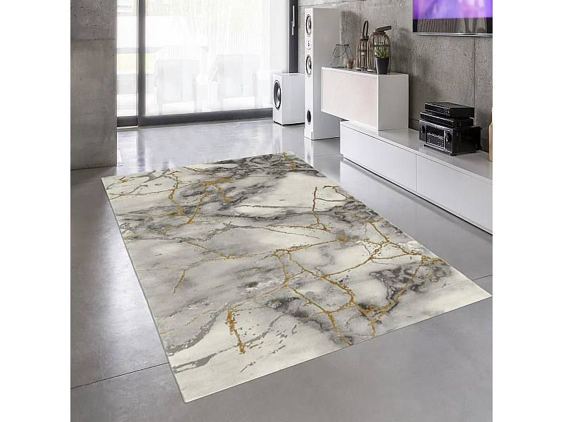 tapis chambre 80x150 tissé gris et or rectangle motif abstrait MARBAL