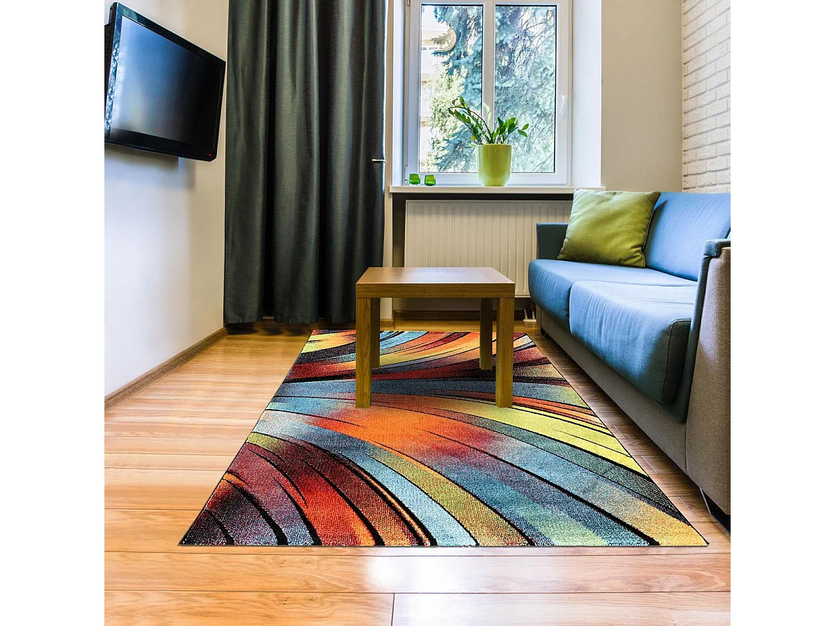 tapis chambre 100x100 tissé rouge et vert carré motif géométrique STEYRE