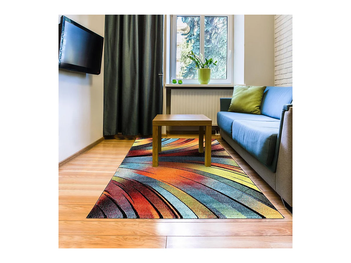 tapis chambre 100x100 tissé rouge et vert carré motif géométrique STEYRE