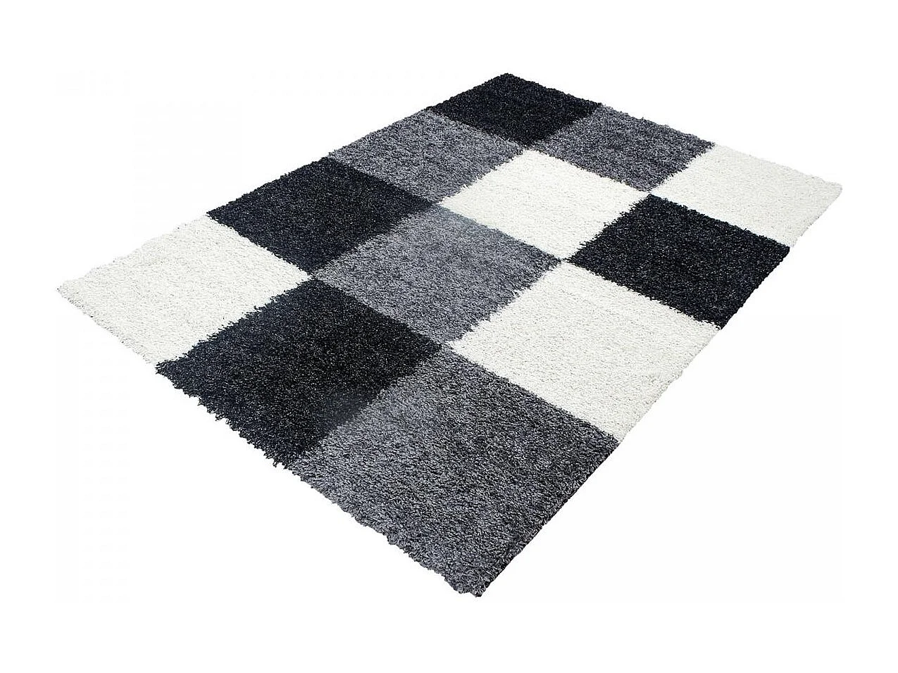 Tapis poils longs shaggy 80x250 rectangle tissé gris et noir motif damier