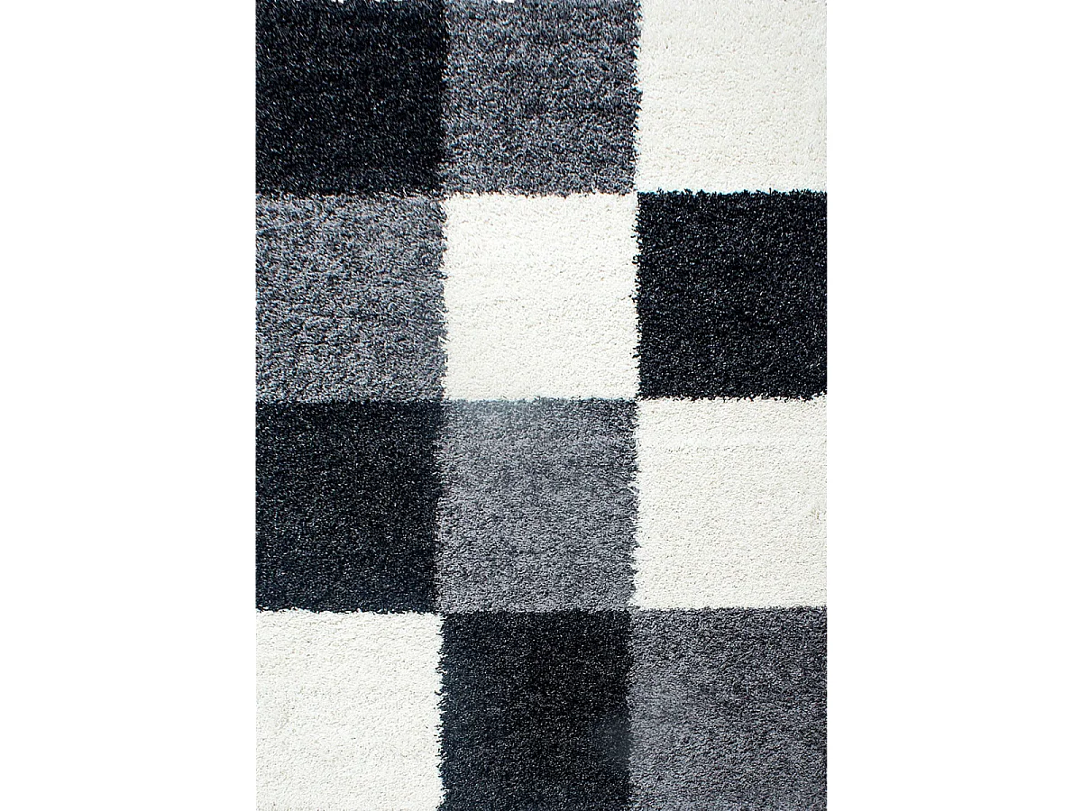 Tapis poils longs shaggy 80x250 rectangle tissé gris et noir motif damier