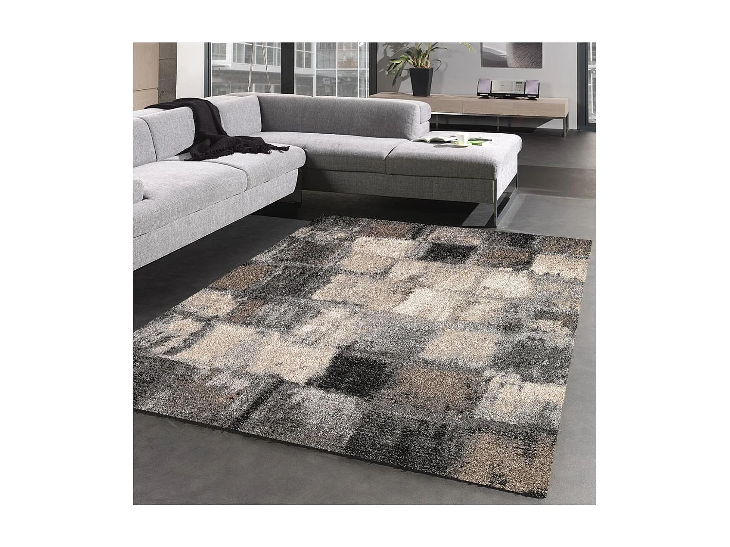 tapis entrée 60x110 tissé gris rectangle motif géométrique CALEGANT