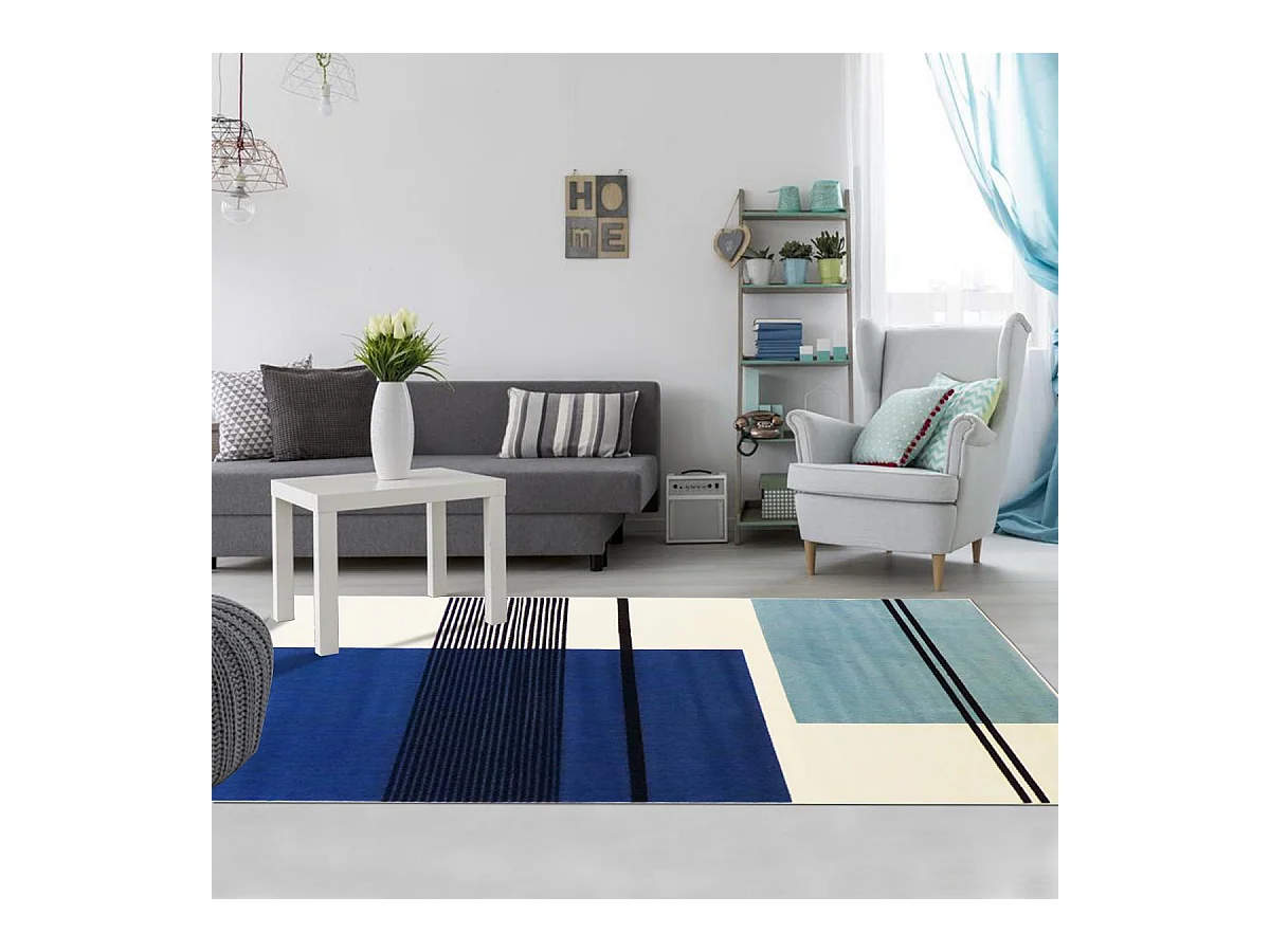 tapis chambre 80x150 tissé bleu ciel rectangle motif seventies LYN1 BLUSQUARE