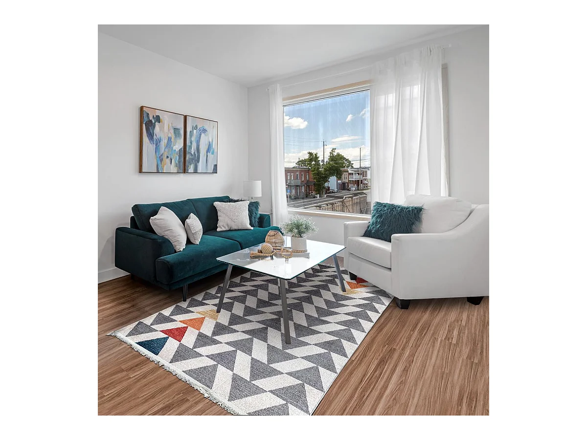 tapis salon 120x170 tissé gris et jaune rectangle motif scandinave CHEYANE