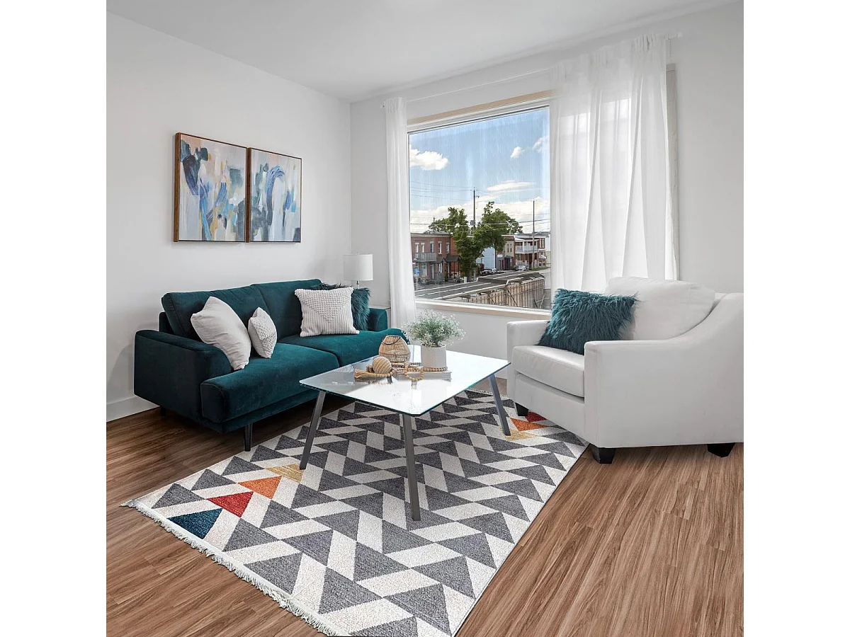 tapis salon 120x170 tissé gris et jaune rectangle motif scandinave CHEYANE