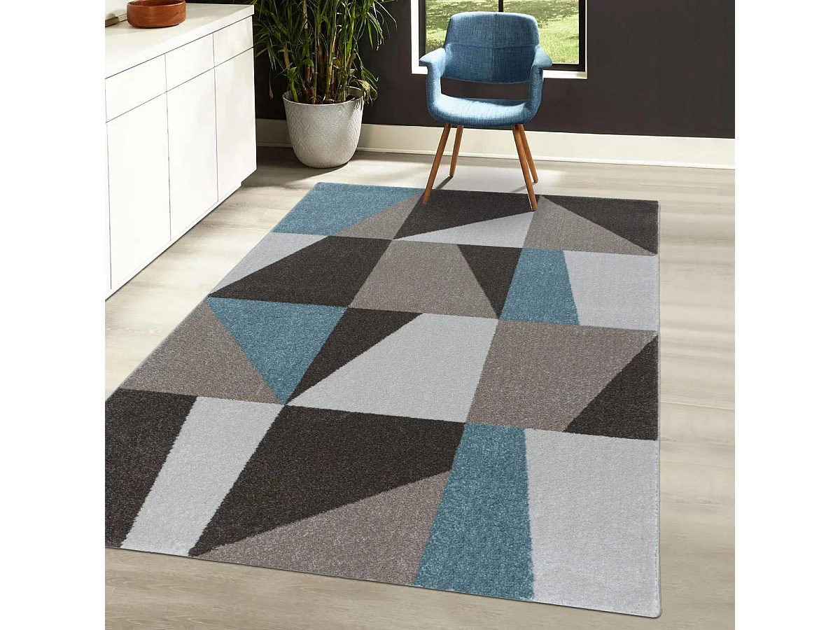 tapis cuisine 140x200 tissé bleu et marron rectangle motif géométrique ORICE