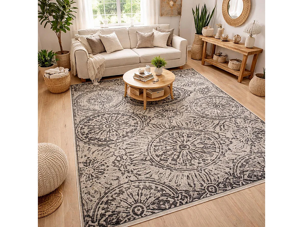 tapis chambre 120x170 tissé gris et beige rectangle motif rétro-vintage