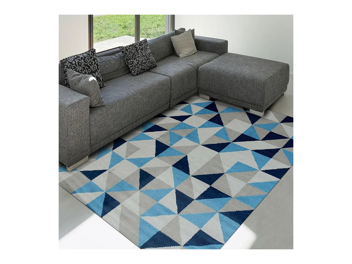 tapis salle à manger 200x290 fait main en laine bleu et crème