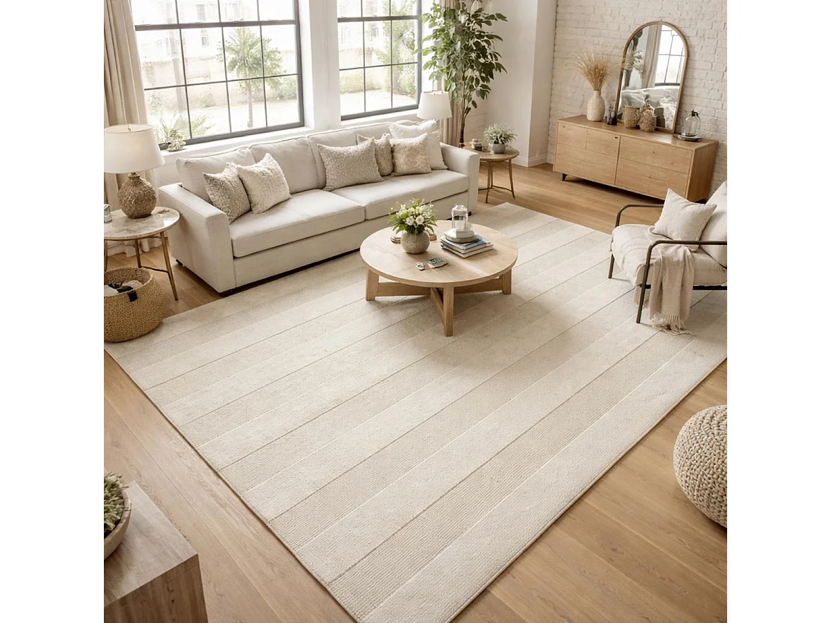 tapis entrée 120x170 fait à la main en laine beige rectangle motif uni BANDA