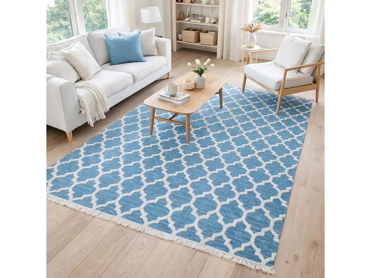 Tapis kilim 110x160 rectangle fait main en laine turquoise motif scandinave
