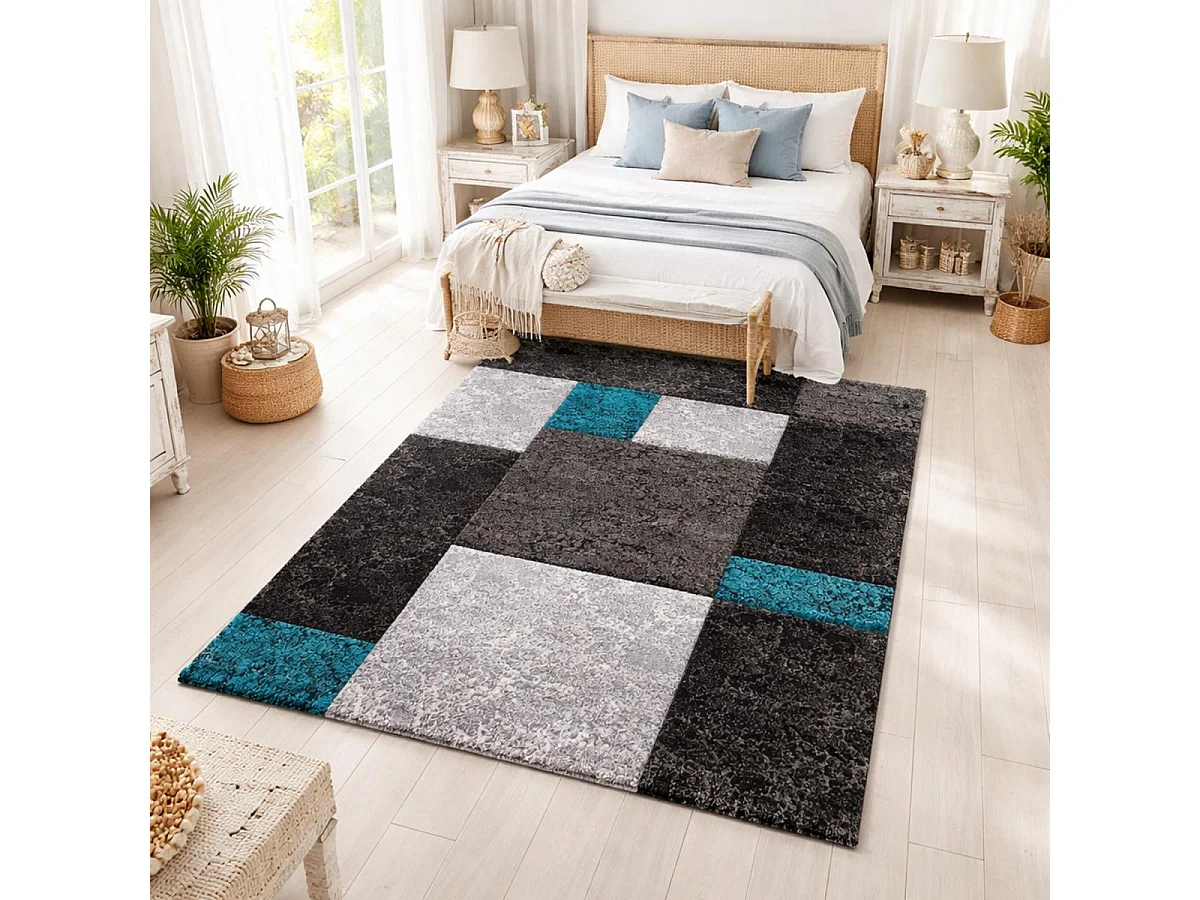 tapis chambre 120x170 tissé turquoise et gris rectangle motif géométrique