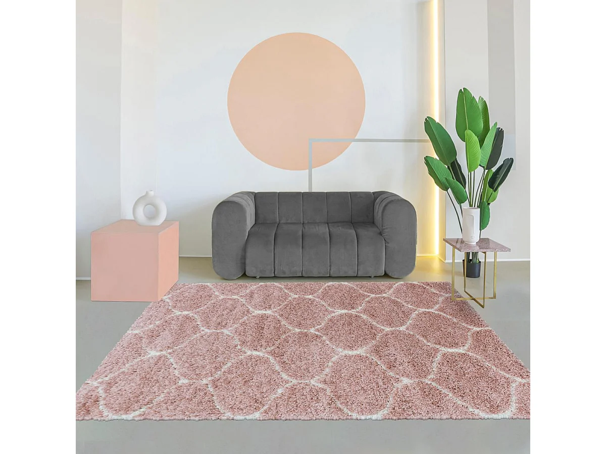 Tapis shaggy 60x110 rectangle tissé rose crème et me motif scandinave