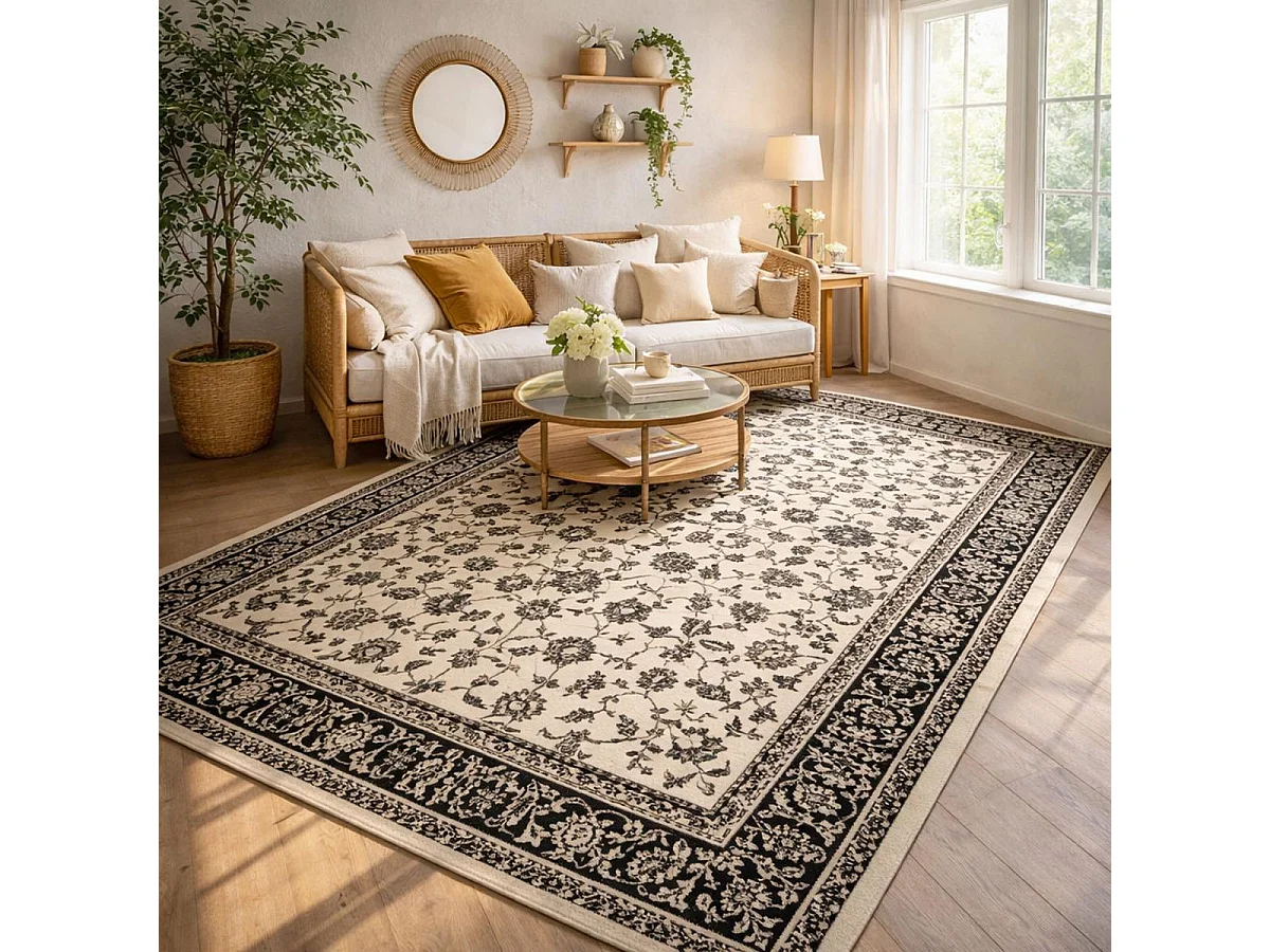 Tapis oriental 80x150 rectangle ivoire tissé motif ancestral LYN1 NOMED