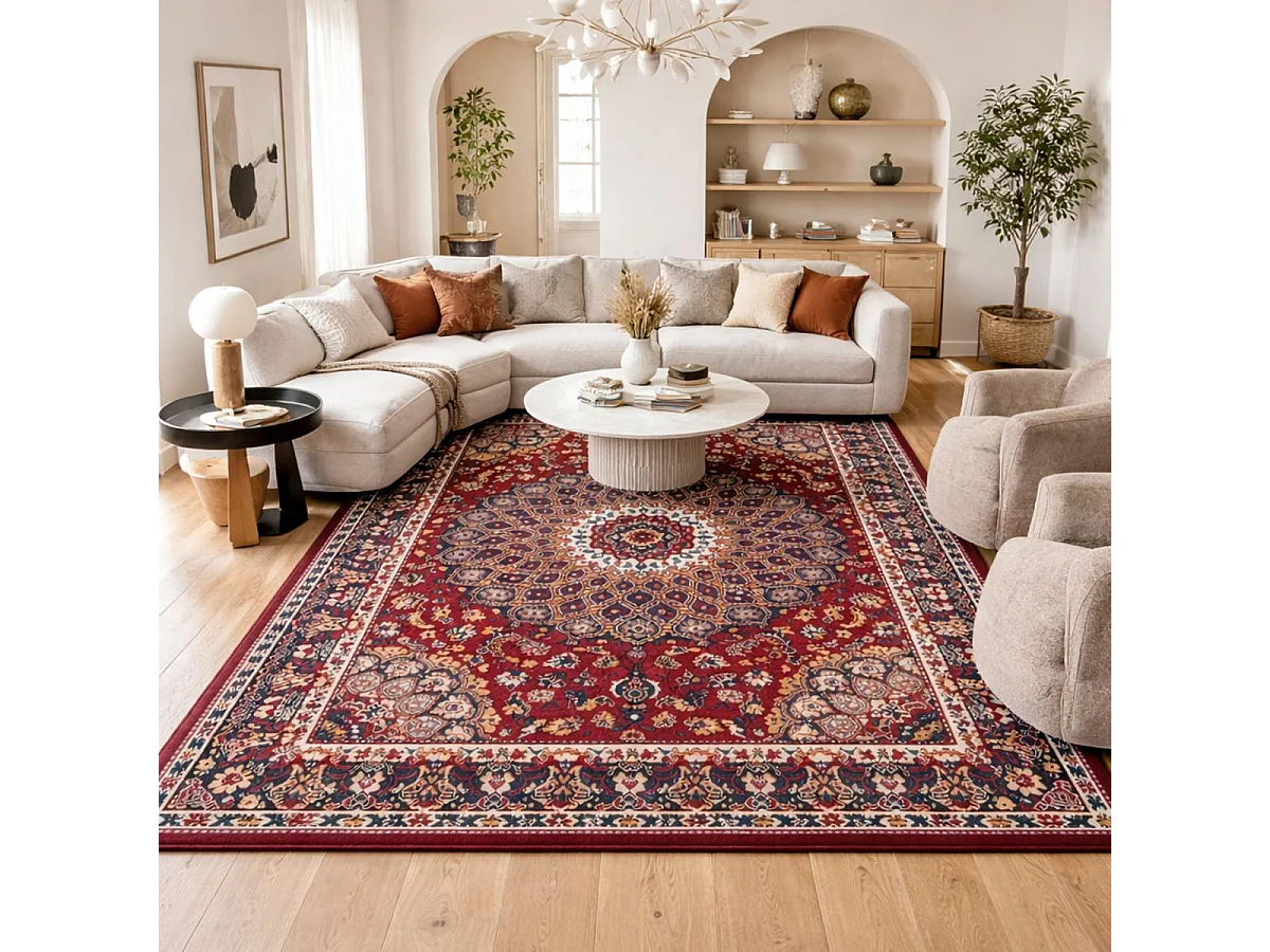 Tapis oriental 60x110 rectangle crème et rouge tissé motif ethnique LYN1 ROSOR