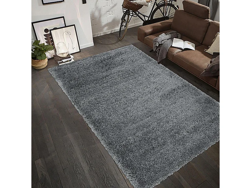 Tapis longs poils shaggy 200x290 rectangle tissé gris motif uni UNI B