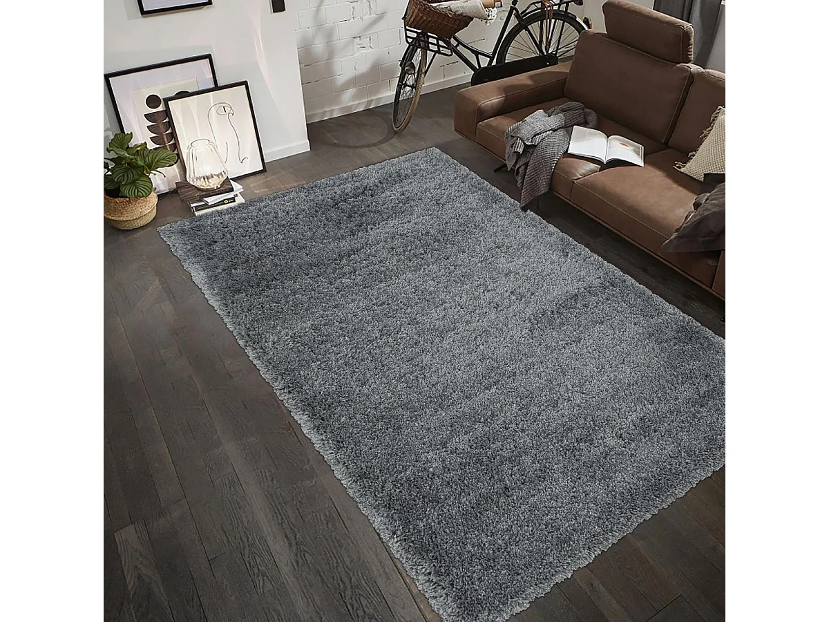 Tapis longs poils shaggy 200x290 rectangle tissé gris motif uni UNI B