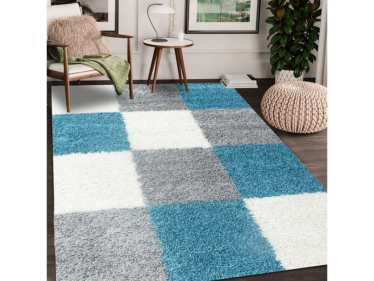 Tapis poils longs shaggy 120x170 rectangle tissé bleu ciel et gris