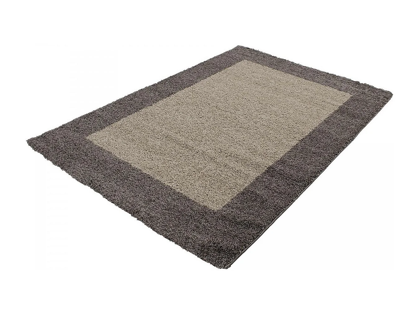Tapis poils longs shaggy 240x340 rectangle tissé beige et taupe motif simple