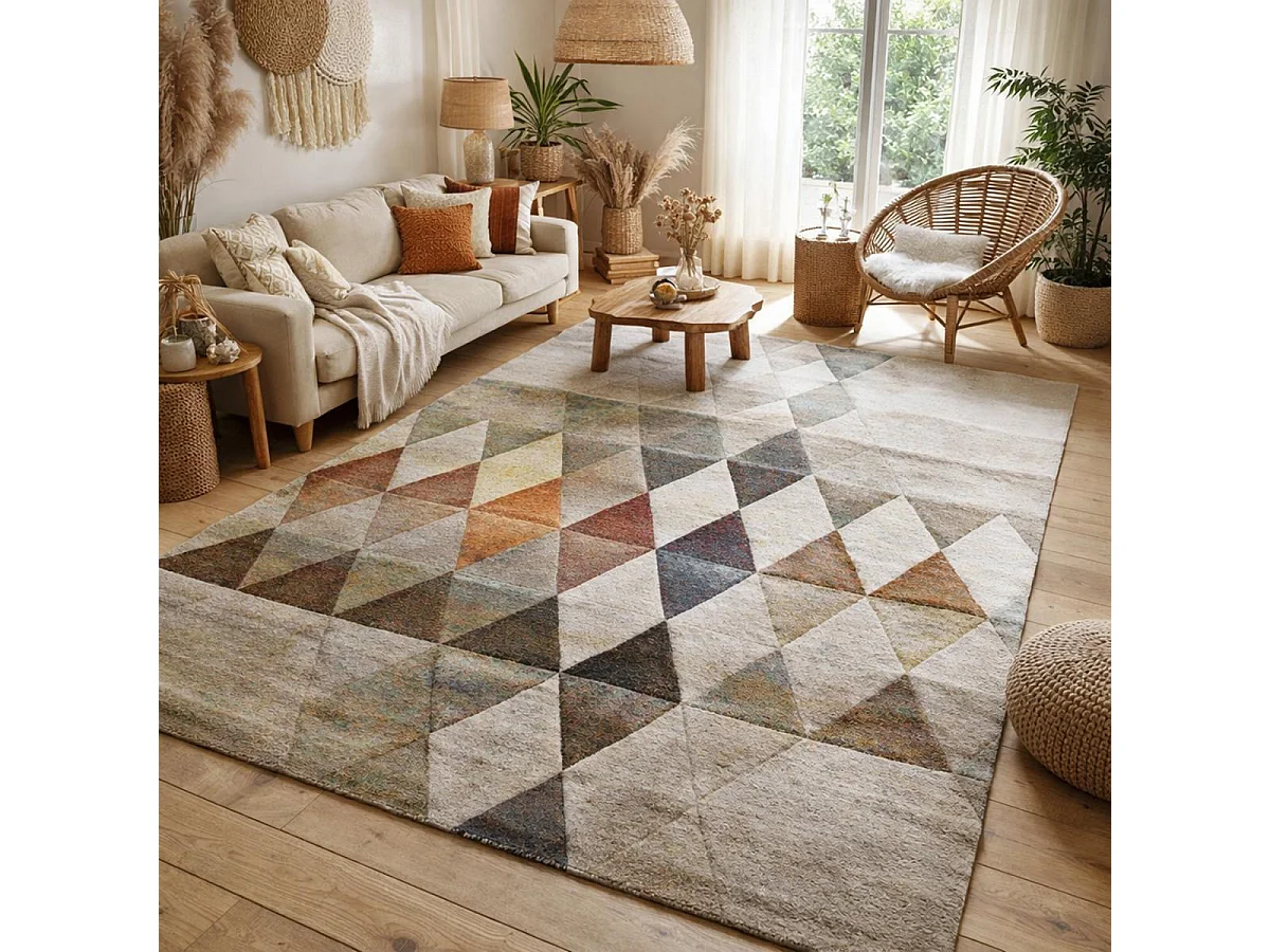 tapis salon 160x230 tissé beige rectangle motif géométrique LYN8 BELO 19