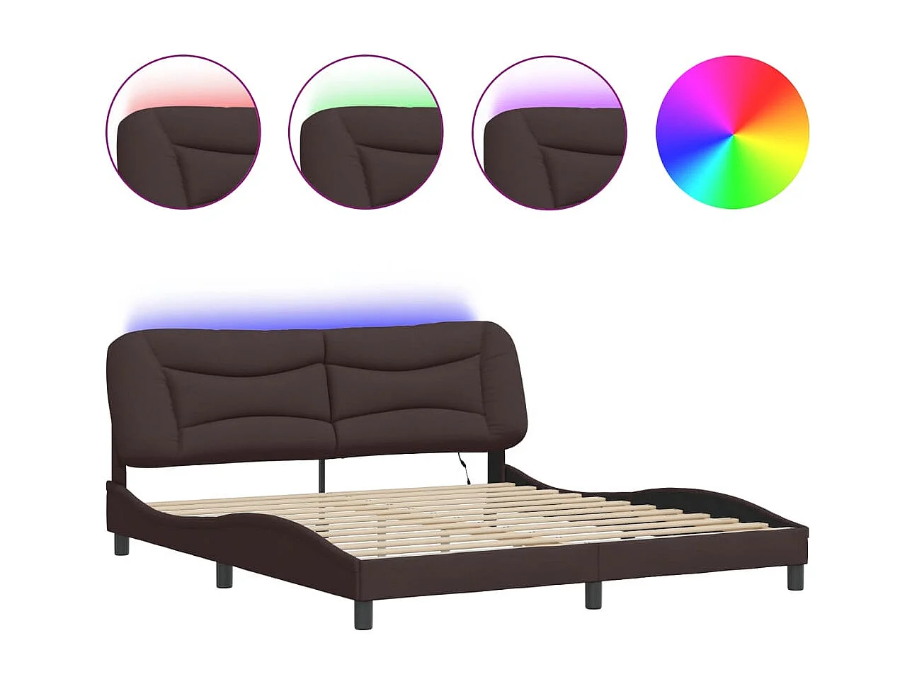 Cadre de lit avec lumières LED marron foncé 180x200 tissu