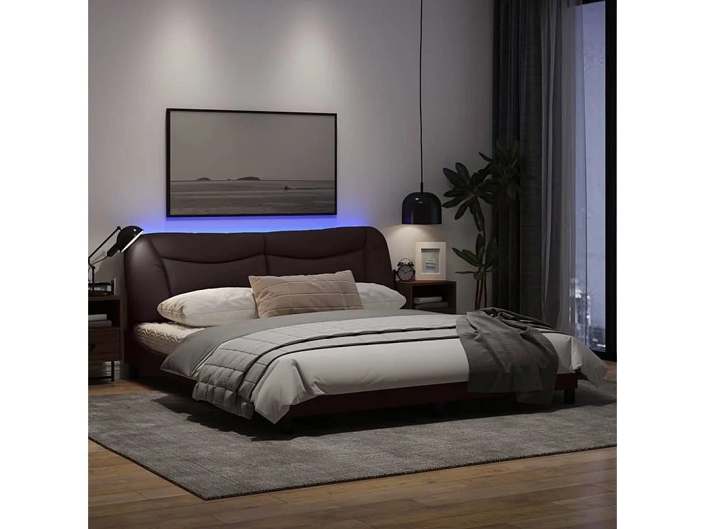 Cadre de lit avec lumières LED marron foncé 180x200 tissu