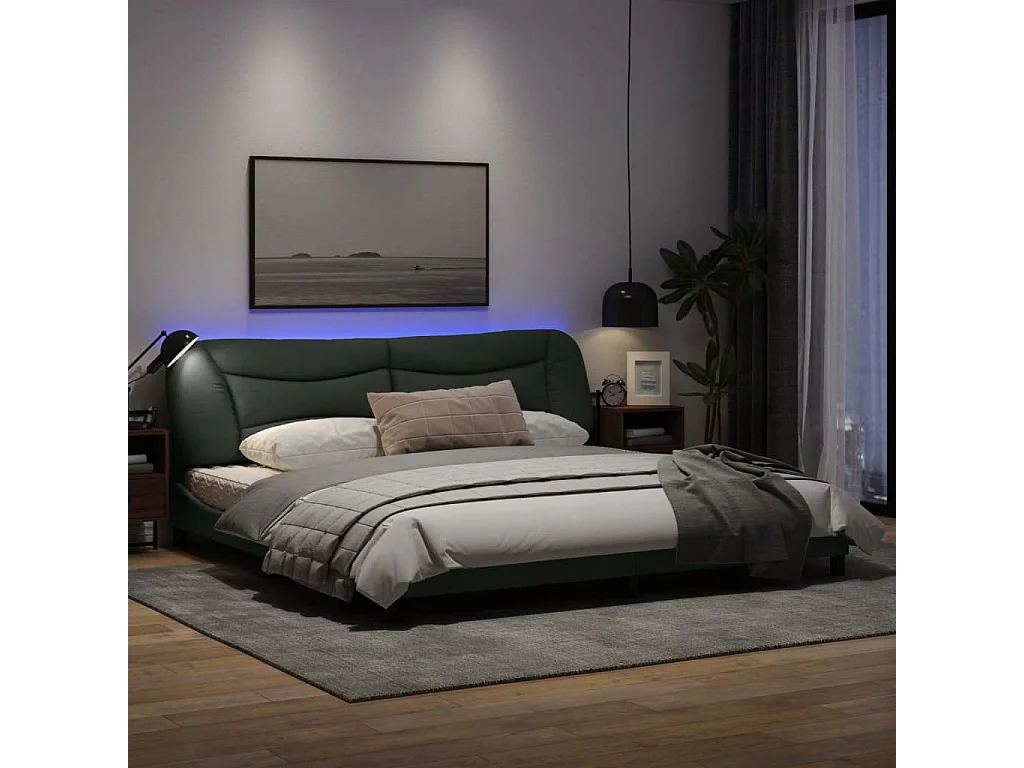 Cadre de lit avec lumières LED gris foncé 200x200 tissu